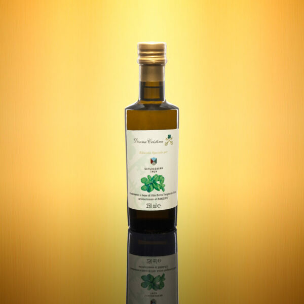 Extra-virgin olive oil with Basil flavor <p>Of Indian origin, but of Mediterranean adoption, basil is one of the symbolic ingredients of Italian cuisine. Basil oil is an absolute antistress and antimicrobial, promotes digestion and gives a summer scent to all dishes.
Format: 0.25L</p>